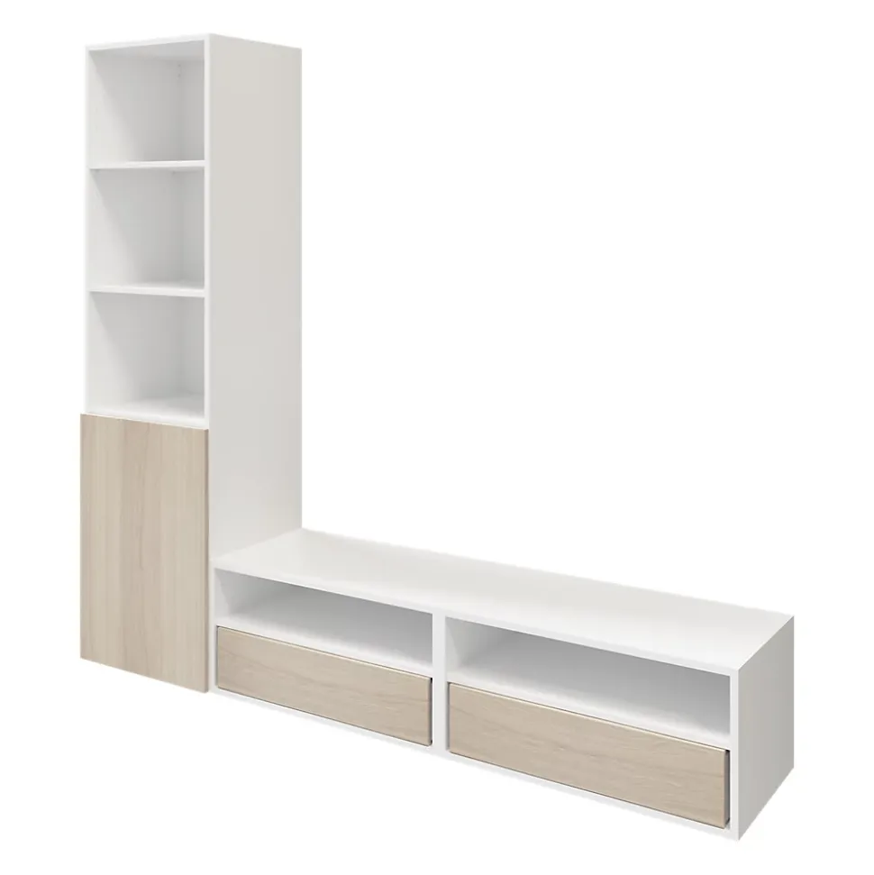 Meuble TV blanc et effet chêne 1 porte 2 tiroirs GoodHome Atomia H. 187,5 x L. 200 x P. 47 cm