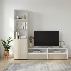 Meuble TV blanc et effet chêne 1 porte 2 tiroirs GoodHome Atomia H. 187,5 x L. 200 x P. 47 cm