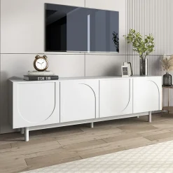 Meuble TV blanc, meuble bas avec panneaux réglables, pour salon ou chambre, charge 50 kg