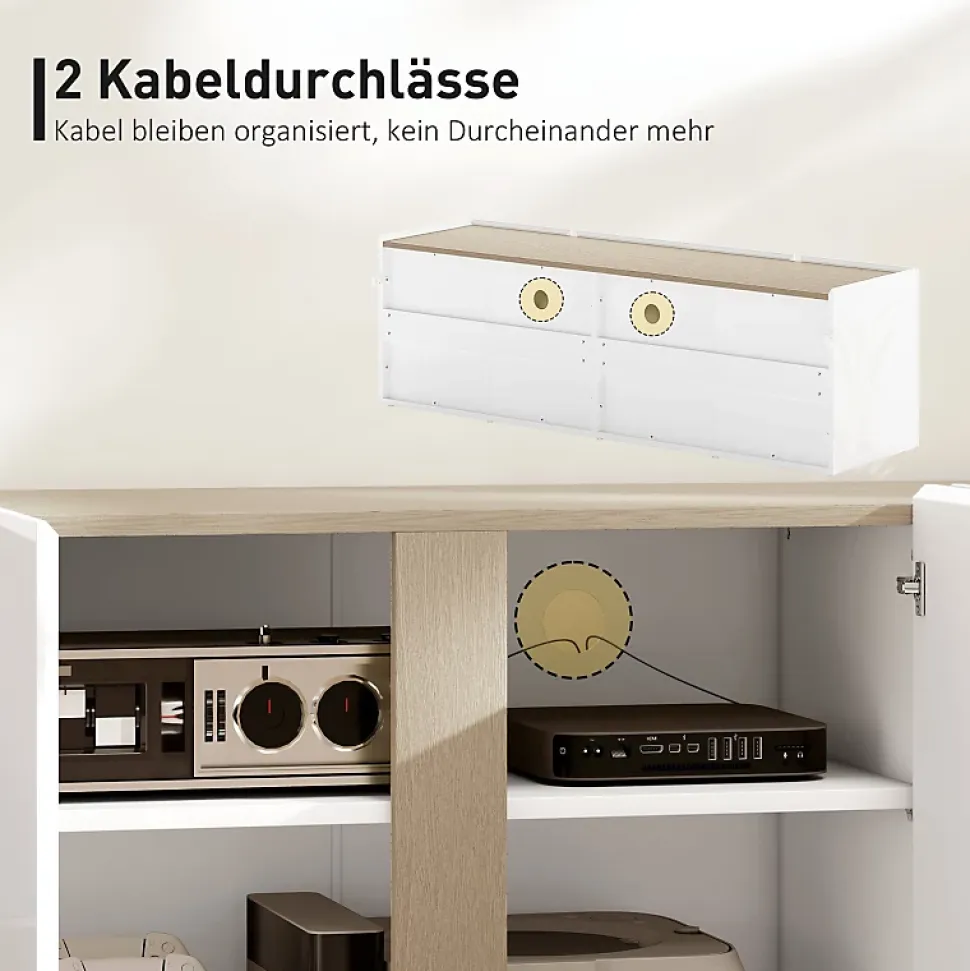 Meuble TV Blanc Pour Téléviseur 65" - Portes Soft-close, Étagères Ajustables - Gestion Câbles