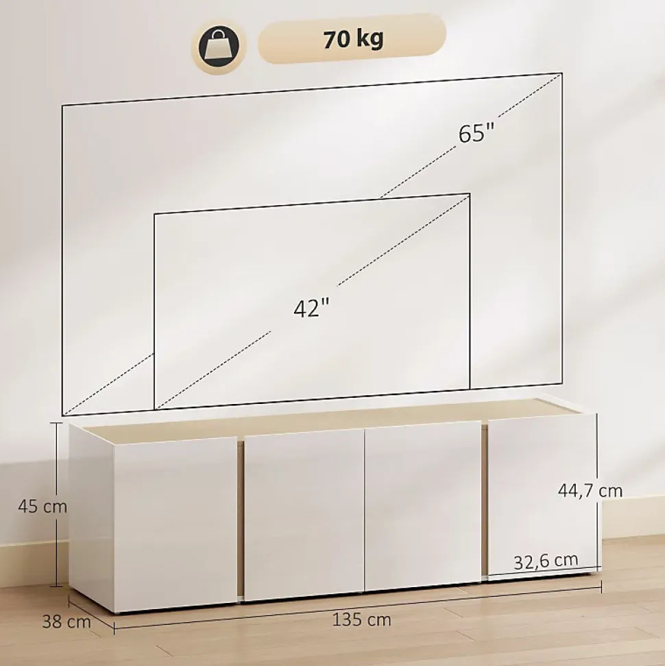 Meuble TV Blanc Pour Téléviseur 65" - Portes Soft-close, Étagères Ajustables - Gestion Câbles