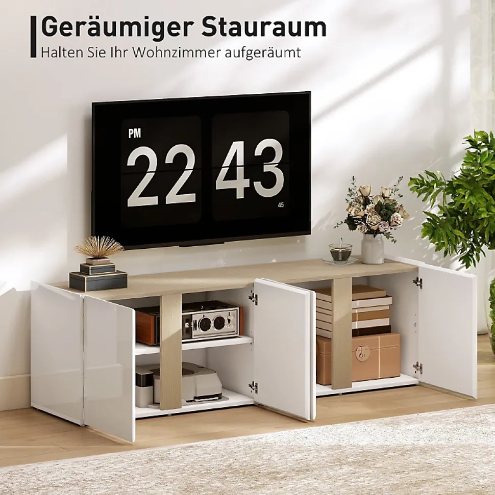 Meuble TV Blanc Pour Téléviseur 65" - Portes Soft-close, Étagères Ajustables - Gestion Câbles