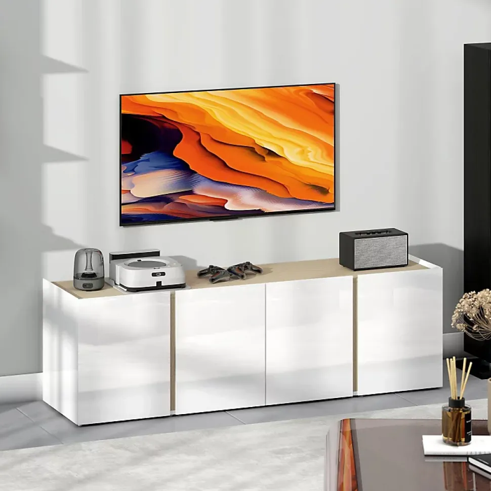 Meuble TV Blanc Pour Téléviseur 65" - Portes Soft-close, Étagères Ajustables - Gestion Câbles