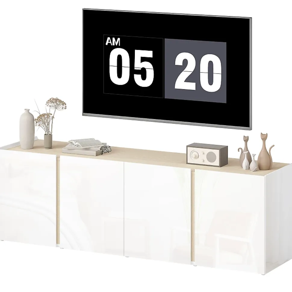 Meuble TV Blanc Pour Téléviseur 65" - Portes Soft-close, Étagères Ajustables - Gestion Câbles
