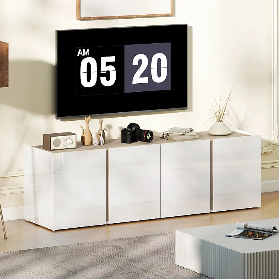 Meuble TV Blanc Pour Téléviseur 65" - Portes Soft-close, Étagères Ajustables - Gestion Câbles