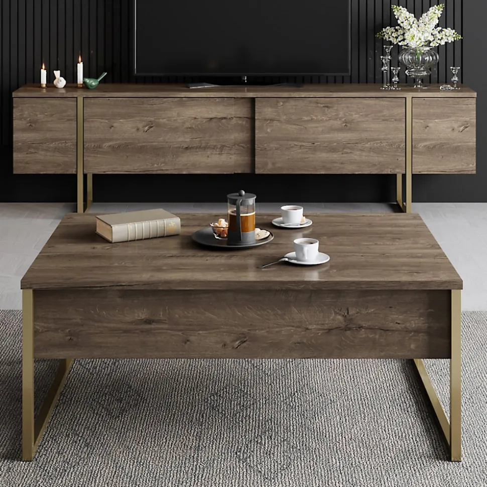 Meuble TV bois et or avec rangement 180 cm - BEARN