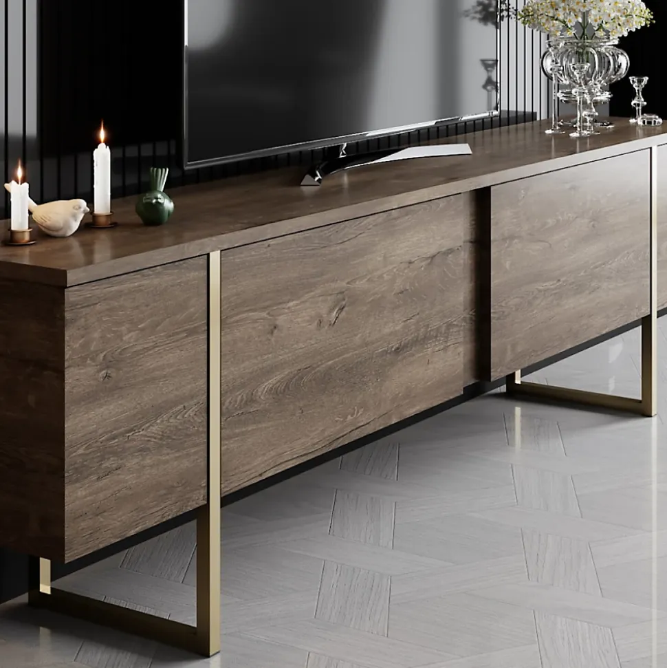 Meuble TV bois et or avec rangement 180 cm - BEARN