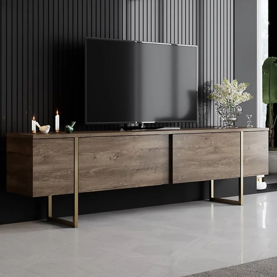 Meuble TV bois et or avec rangement 180 cm - BEARN