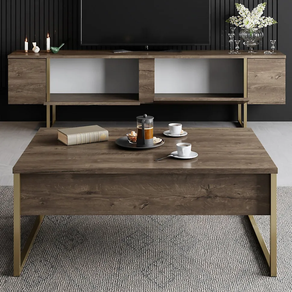 Meuble TV bois et or avec rangement 180 cm - BEARN
