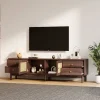 Meuble TV Bois Foncé 180 Cm - 2 Portes En Rotin, 4 Tiroirs - Pieds Réglables, Pour TV 80"