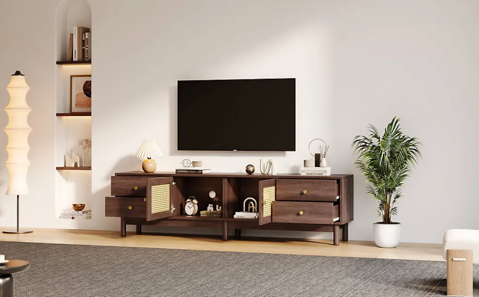 Meuble TV Bois Foncé 180 Cm - 2 Portes En Rotin, 4 Tiroirs - Pieds Réglables, Pour TV 80"