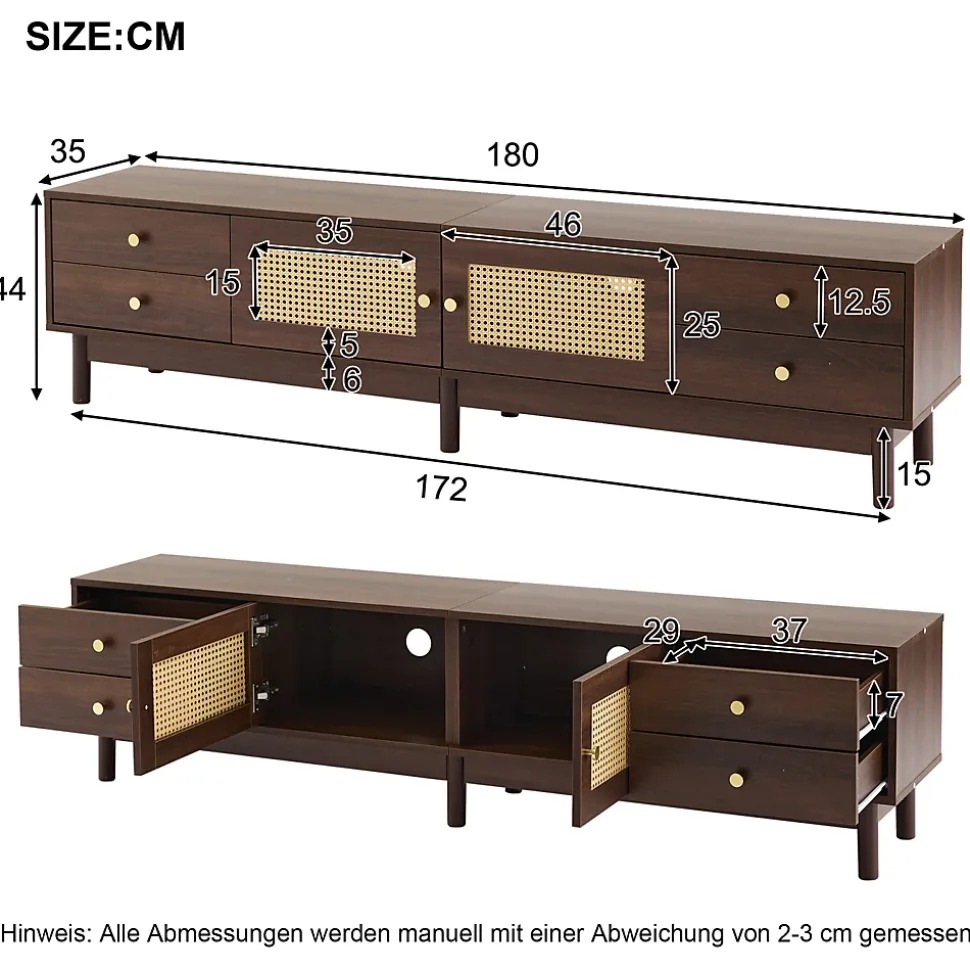 Meuble TV Bois Foncé 180 Cm - 2 Portes En Rotin, 4 Tiroirs - Pieds Réglables, Pour TV 80"