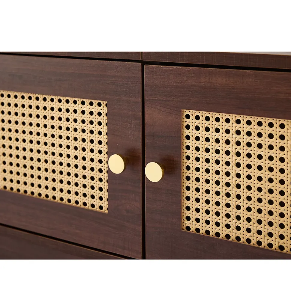 Meuble TV Bois Foncé 180 Cm - 2 Portes En Rotin, 4 Tiroirs - Pieds Réglables, Pour TV 80"