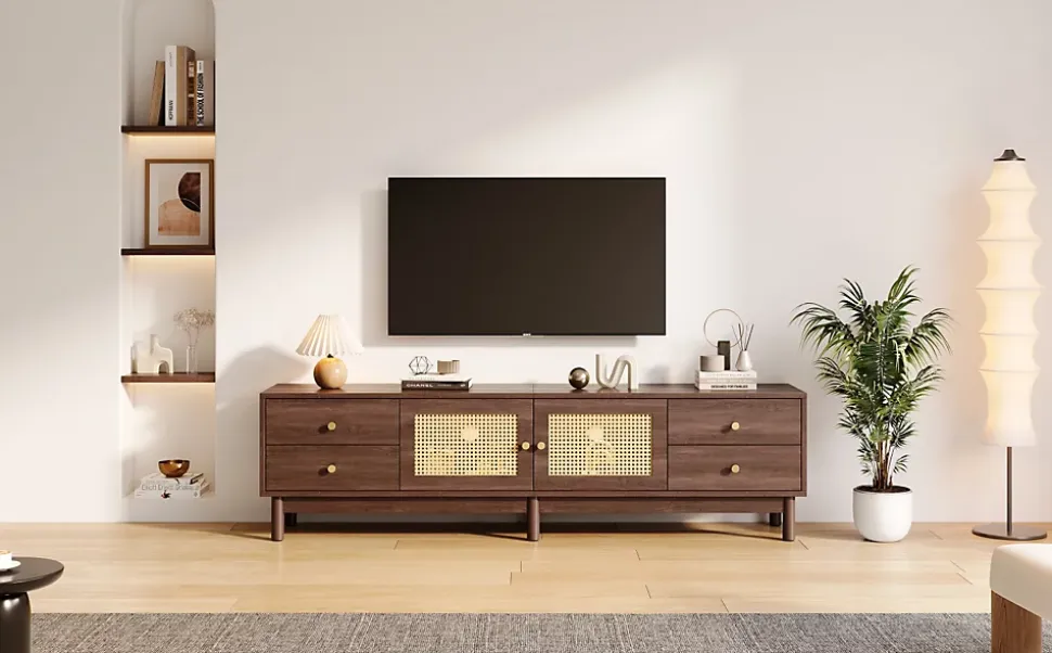 Meuble TV Bois Foncé 180 Cm - 2 Portes En Rotin, 4 Tiroirs - Pieds Réglables, Pour TV 80"