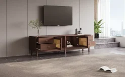 Meuble TV Bois Foncé 180 Cm - 2 Portes En Rotin, 4 Tiroirs - Pieds Réglables, Pour TV 80