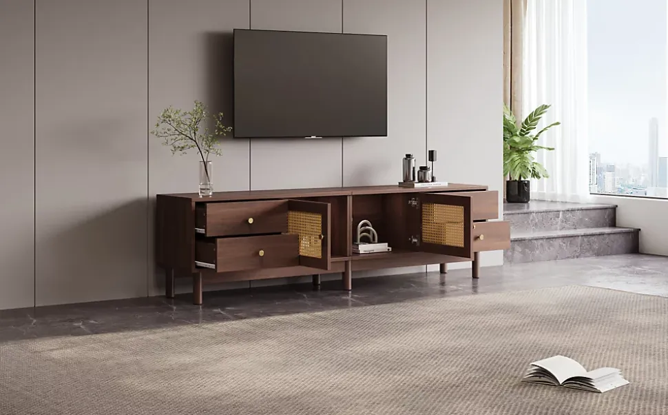 Meuble TV Bois Foncé 180 Cm - 2 Portes En Rotin, 4 Tiroirs - Pieds Réglables, Pour TV 80"
