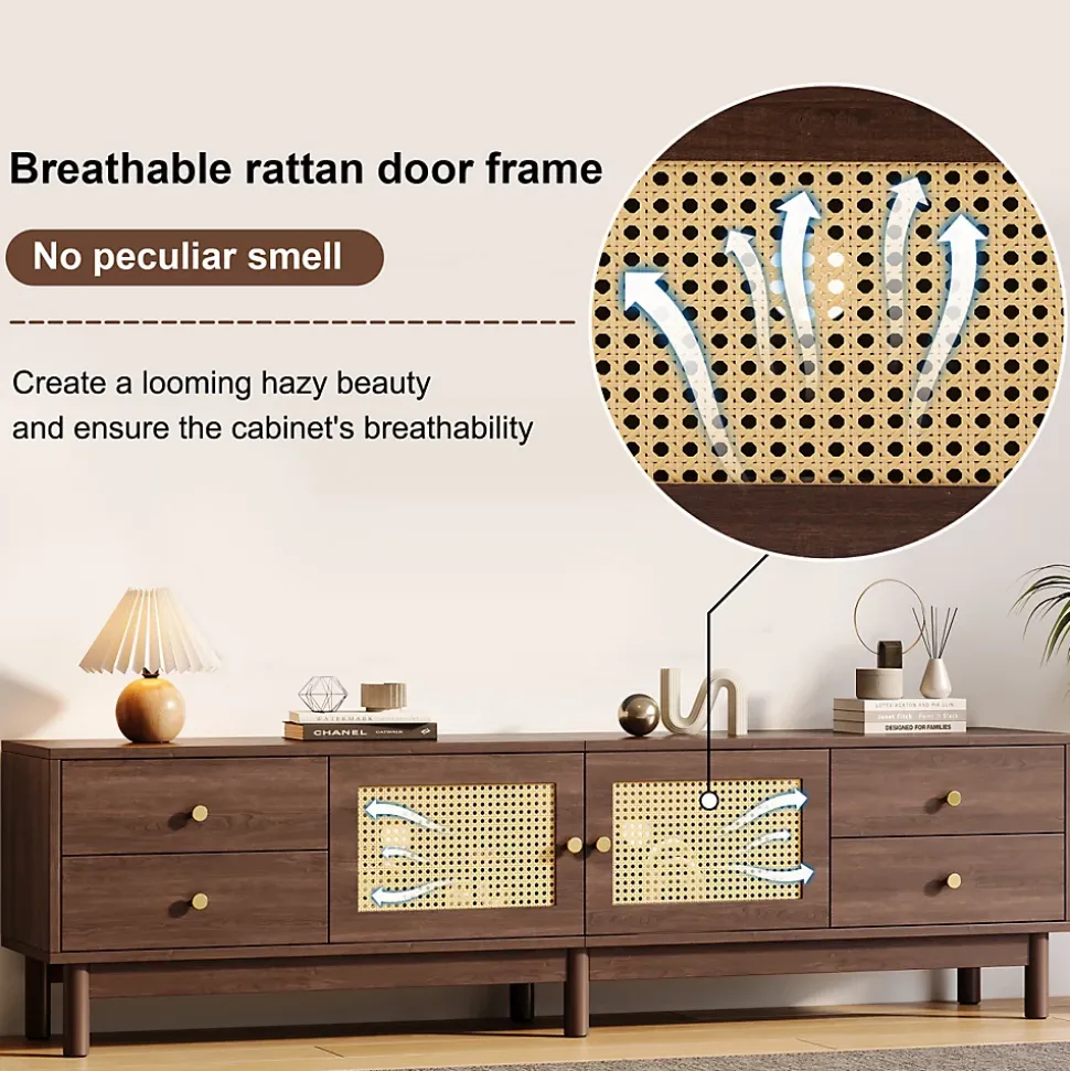 Meuble TV Bois Foncé 180 Cm - 2 Portes En Rotin, 4 Tiroirs - Pieds Réglables, Pour TV 80"