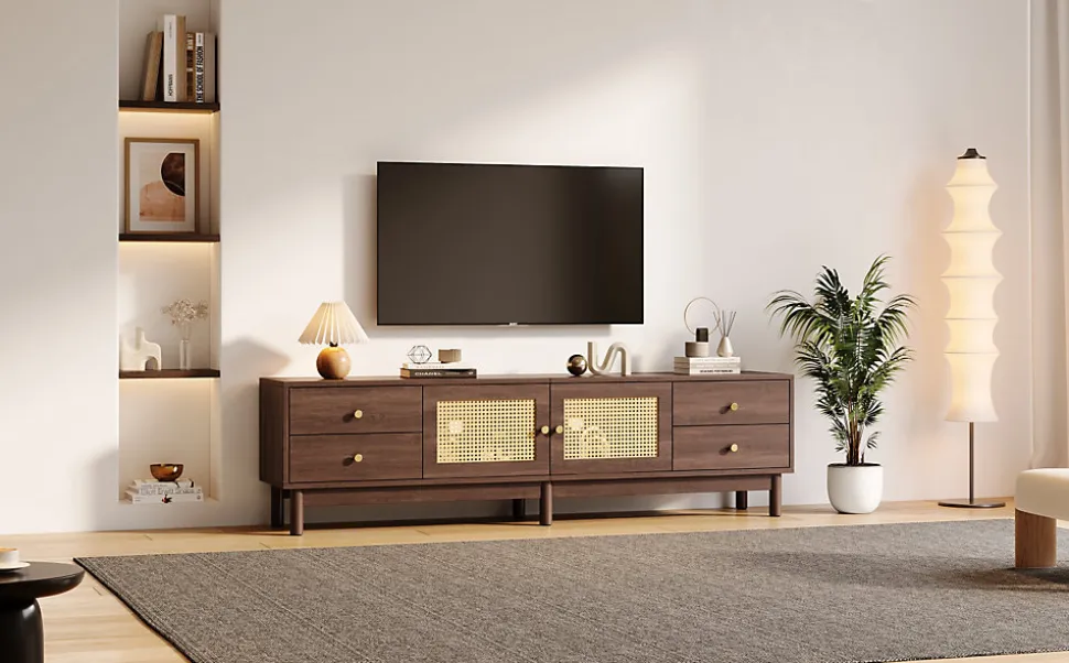 Meuble TV Bois Foncé 180 Cm - 2 Portes En Rotin, 4 Tiroirs - Pieds Réglables, Pour TV 80"
