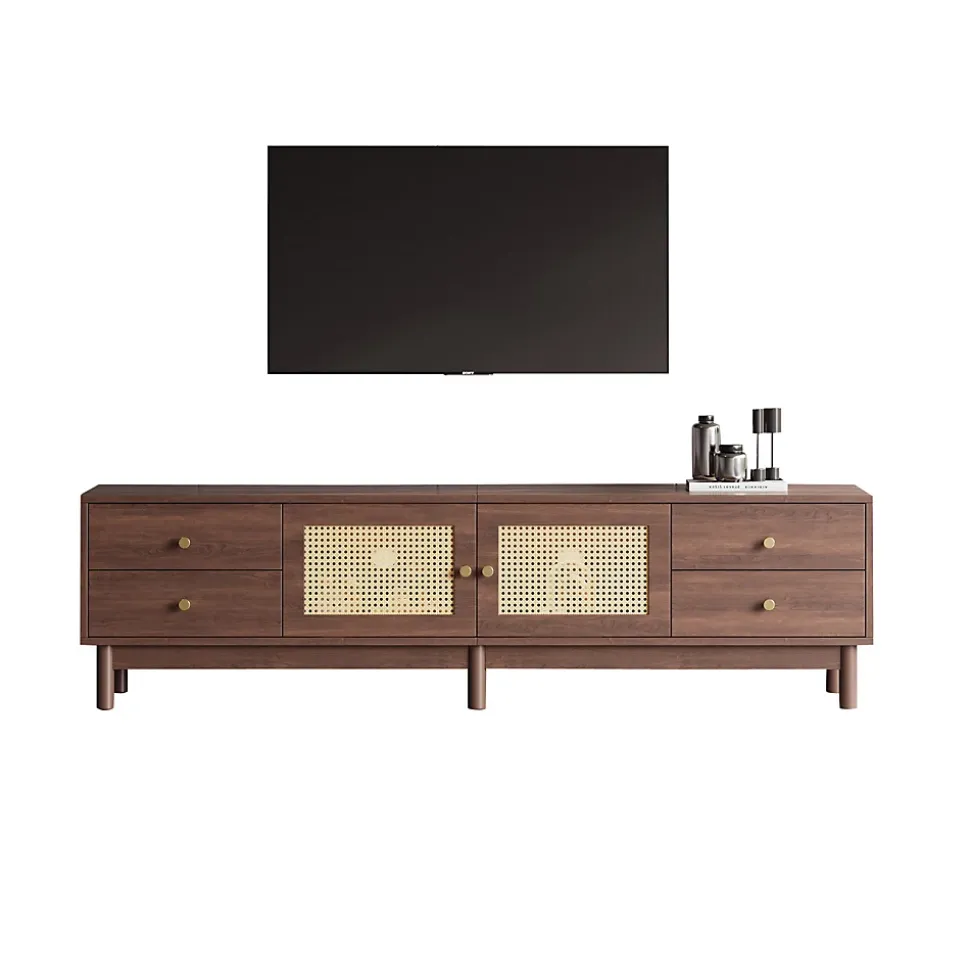 Meuble TV Bois Foncé 180 Cm - 2 Portes En Rotin, 4 Tiroirs - Pieds Réglables, Pour TV 80"