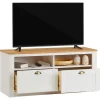 Meuble TV BOLTON 2 tiroirs et 2 niches, en pin massif blanc et brun