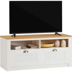 Meuble TV BOLTON 2 tiroirs et 2 niches, en pin massif blanc et brun