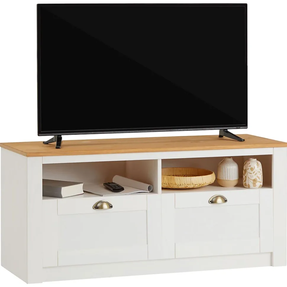 Meuble TV BOLTON 2 tiroirs et 2 niches, en pin massif blanc et brun
