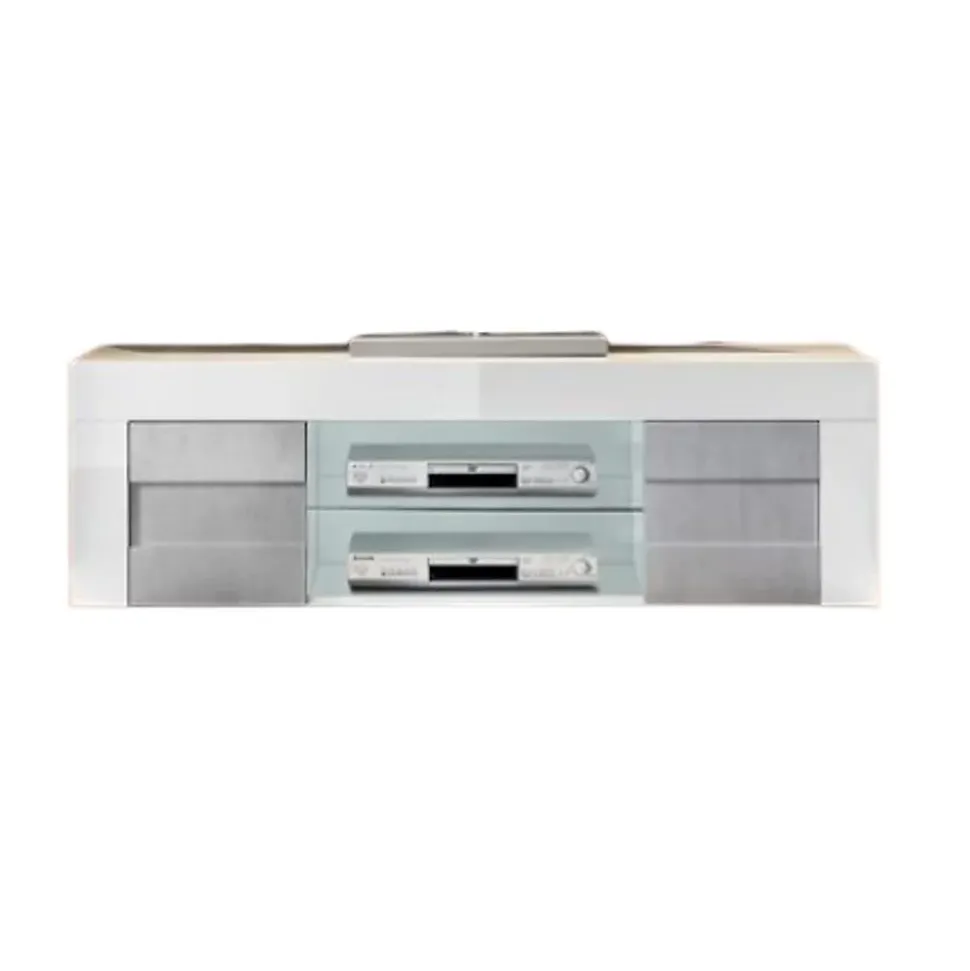 Meuble tv 180cm, 2 portes, collection JET, coloris blanc laqué brillant et gris aspect béton