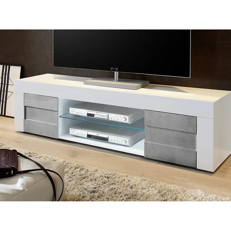 Meuble tv 180cm, 2 portes, collection JET, coloris blanc laqué brillant et gris aspect béton