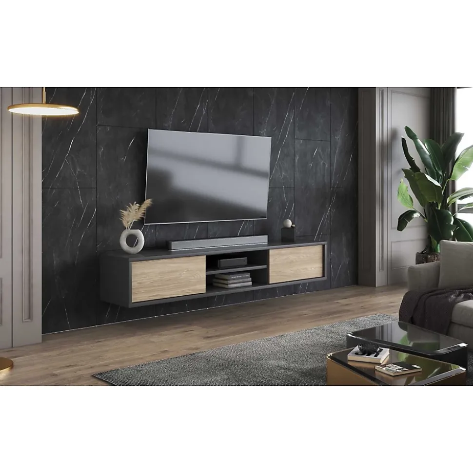 Meuble TV 180cm, 2 portes et 2 niches collection MAANUM. Couleur gris et chene clair.