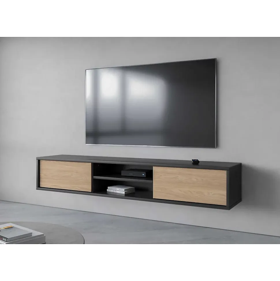 Meuble TV 180cm, 2 portes et 2 niches collection MAANUM. Couleur gris et chene clair.