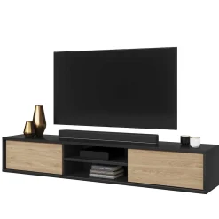 Meuble TV 180cm, 2 portes et 2 niches collection MAANUM. Couleur gris et chene clair.