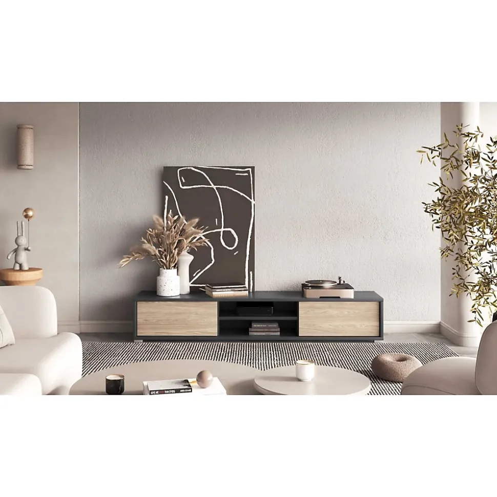 Meuble TV 180cm, 2 portes et 2 niches collection MAANUM. Couleur gris et chene clair.