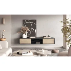 Meuble TV 180cm, 2 portes et 2 niches collection MAANUM. Couleur gris et chene clair.