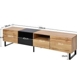Meuble TV 190cm, avec 2 tiroir, 2 portes, 2 compartiment ouvert, style scandinave, Commode TV en chêne sauvage - Marron