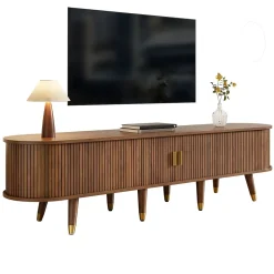 Meuble TV 175cm Avec Portes Coulissantes En Rotin, Nombreux Rangements - Avec Compartiments Ouverts