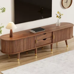 Meuble TV 175cm Avec Portes Coulissantes En Rotin, Nombreux Rangements - Avec Compartiments Ouverts