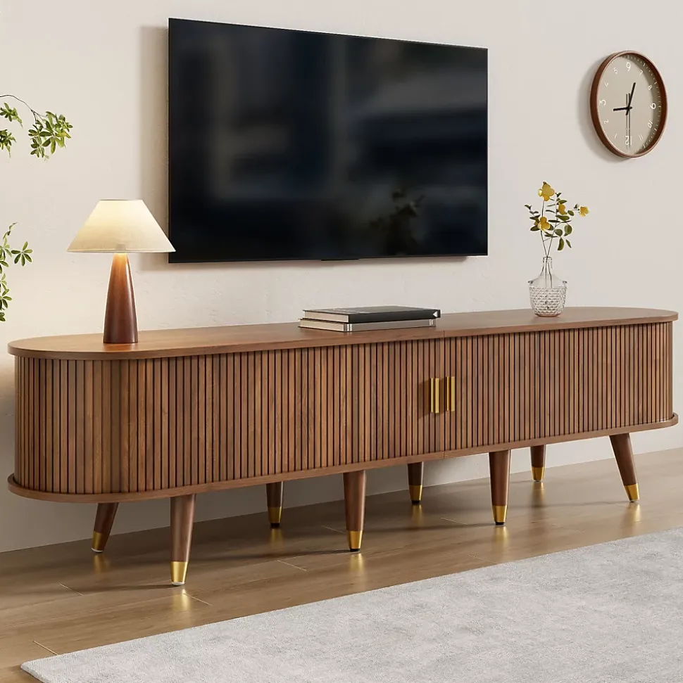 Meuble TV 175cm Avec Portes Coulissantes En Rotin, Nombreux Rangements - Avec Compartiments Ouverts