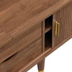 Meuble TV 175cm Avec Portes Coulissantes En Rotin, Nombreux Rangements - Avec Compartiments Ouverts