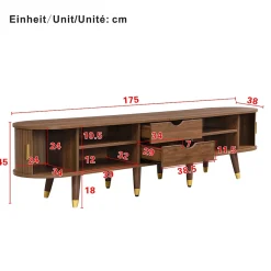 Meuble TV 175cm Avec Portes Coulissantes En Rotin, Nombreux Rangements - Avec Compartiments Ouverts