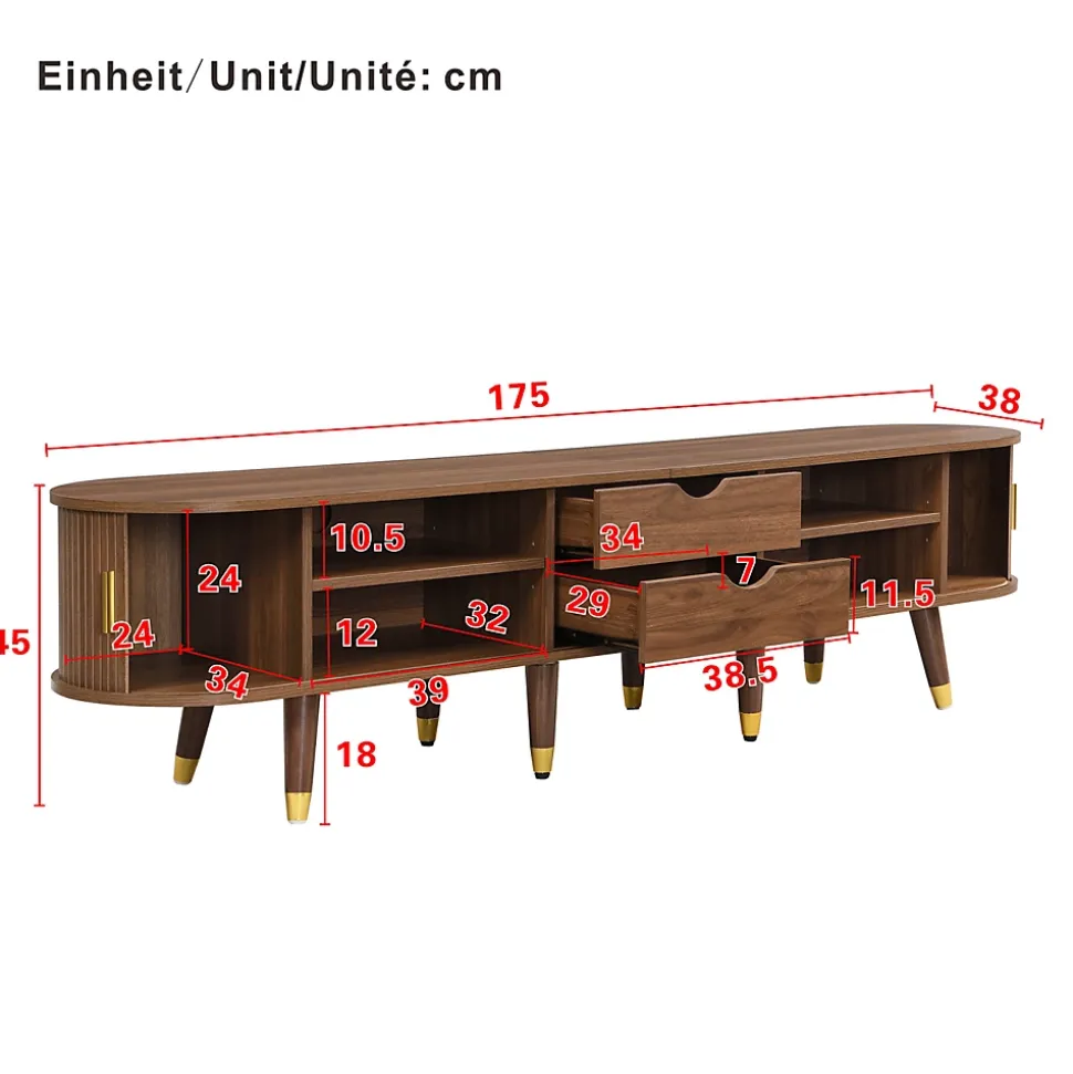 Meuble TV 175cm Avec Portes Coulissantes En Rotin, Nombreux Rangements - Avec Compartiments Ouverts