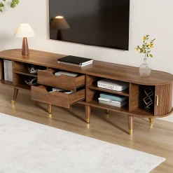 Meuble TV 175cm Avec Portes Coulissantes En Rotin, Nombreux Rangements - Avec Compartiments Ouverts