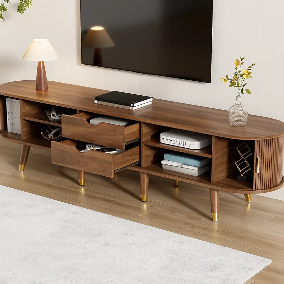 Meuble TV 175cm Avec Portes Coulissantes En Rotin, Nombreux Rangements - Avec Compartiments Ouverts