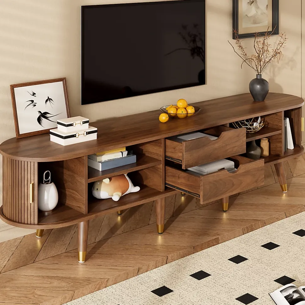 Meuble TV 175cm Avec Portes Coulissantes En Rotin, Nombreux Rangements - Avec Compartiments Ouverts