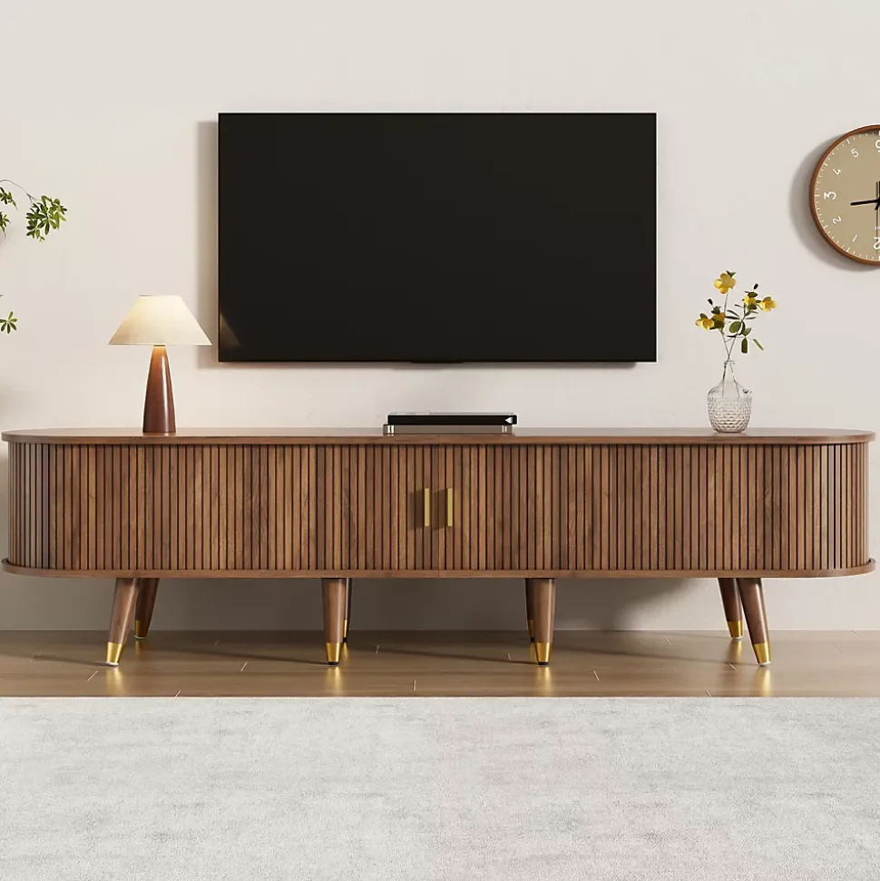 Meuble TV 175cm Avec Portes Coulissantes En Rotin, Nombreux Rangements - Avec Compartiments Ouverts