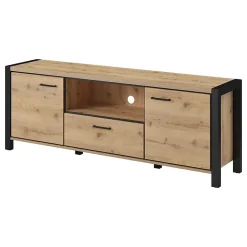 Meuble TV 180cm collection TIVORA. Couleur chene et noir. 2 portes et 1 tiroir.