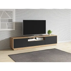 Meuble TV 200cm collection VILLA. Couleur chene et noir mat. LED intégrée