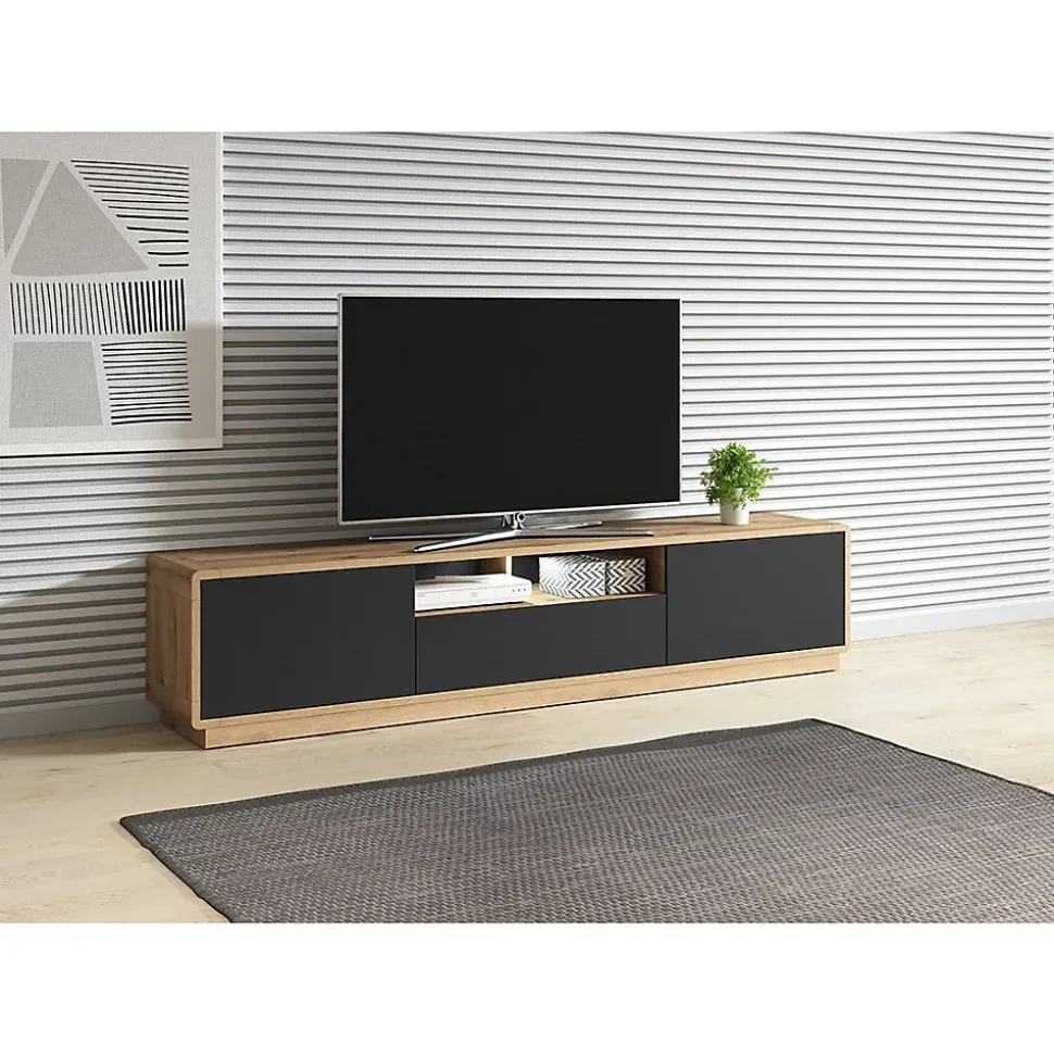 Meuble TV 200cm collection VILLA. Couleur chene et noir mat. LED intégrée