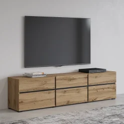 Meuble TV 180cm coloris chene et noir collection HAVANA. Meuble design avec 3 portes et 3 tiroirs.