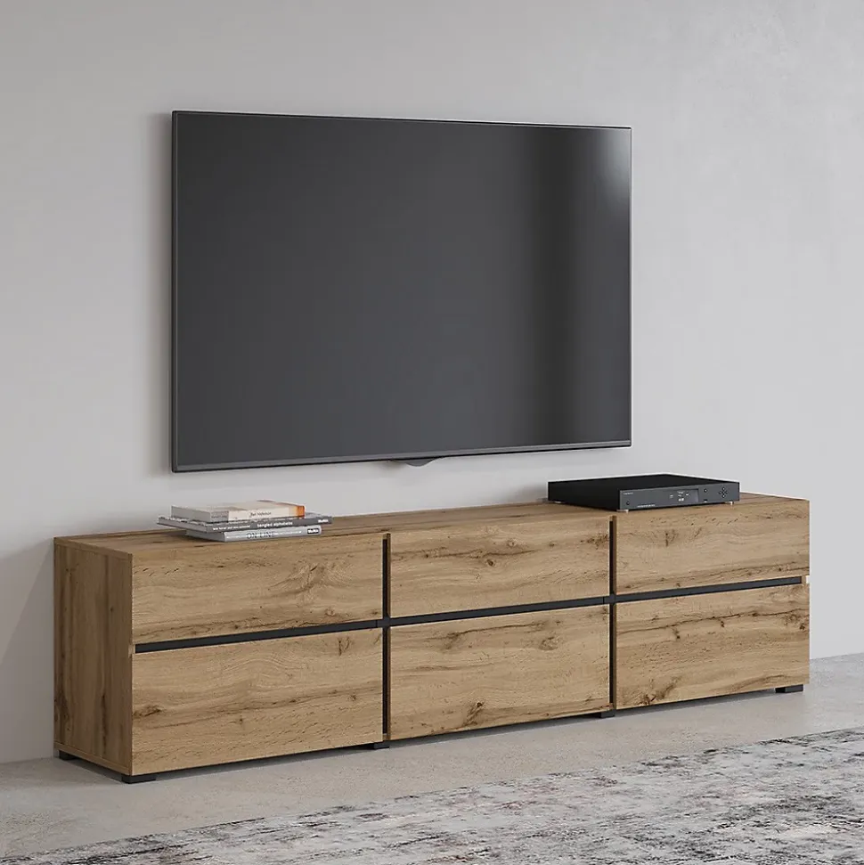 Meuble TV 180cm coloris chene et noir collection HAVANA. Meuble design avec 3 portes et 3 tiroirs.