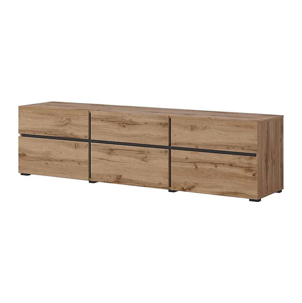 Meuble TV 180cm coloris chene et noir collection HAVANA. Meuble design avec 3 portes et 3 tiroirs.